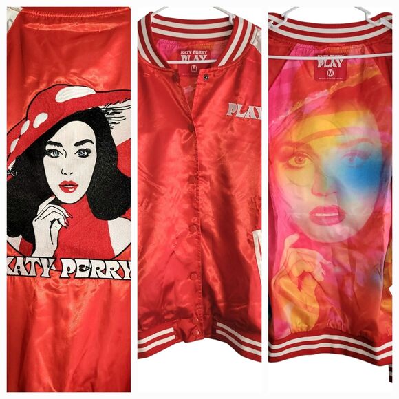 Katy Perry Play Satin Jacket Medium Red White Mushroom Las Vegas Varsity Flaw - Picture 1 of 11